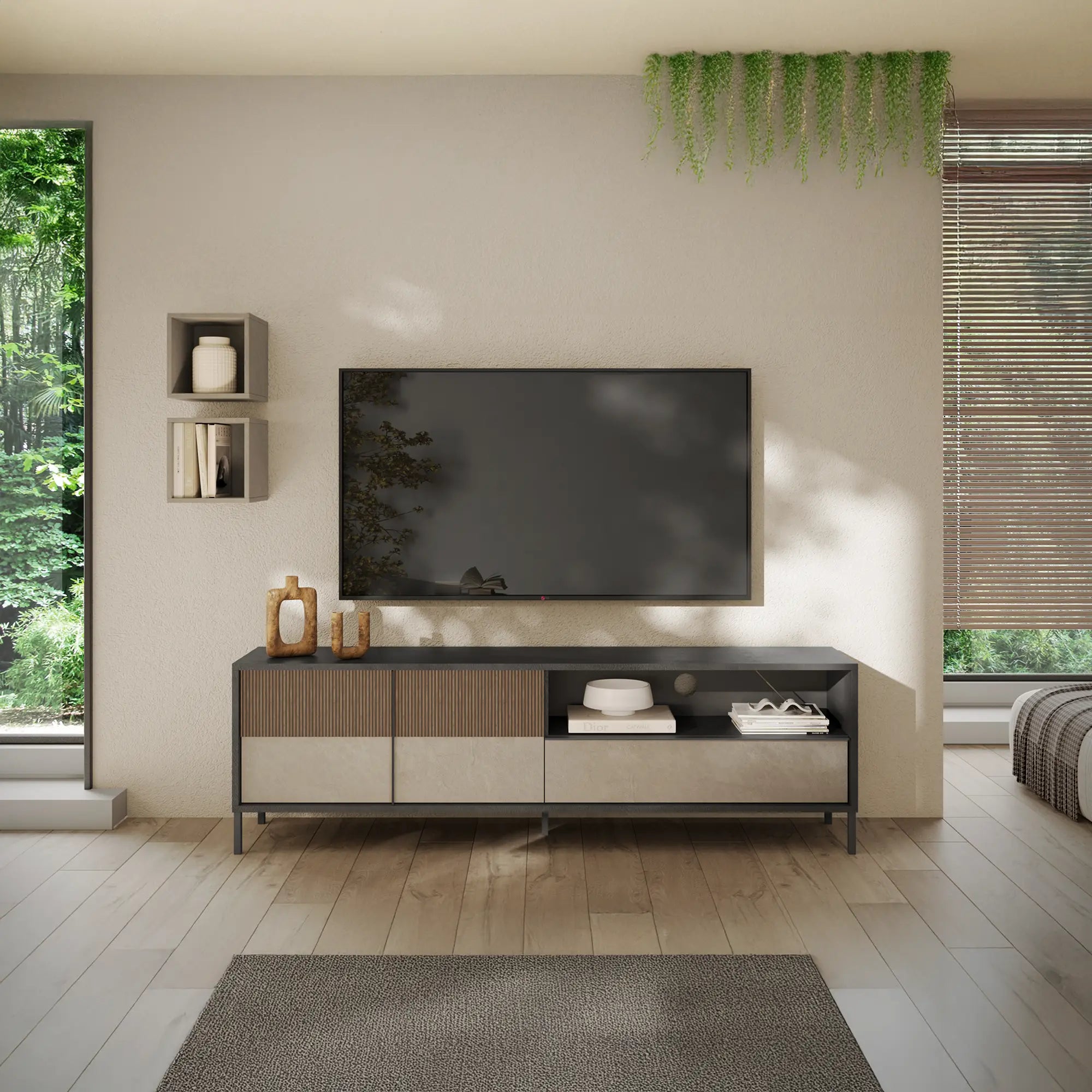 Base TV Sun con 2 ante, 1 cassetto e vano a giorno. Design elegante contemporaneo con finiture lava, argilla e mercure.