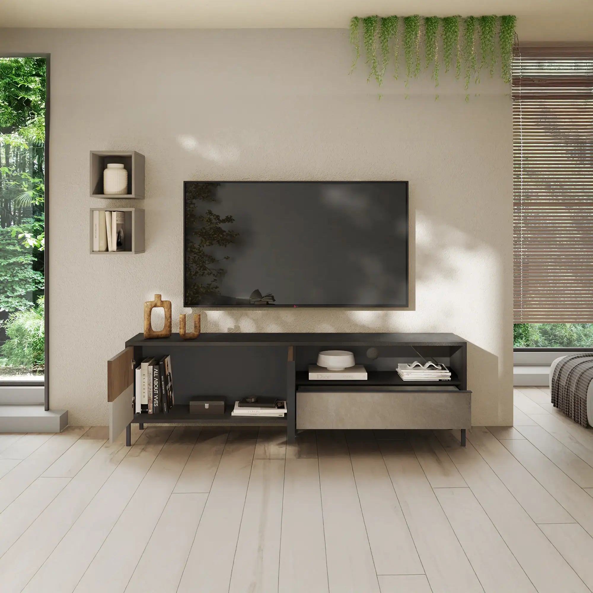 Base TV Sun con 2 ante, 1 cassetto e vano a giorno. Design elegante contemporaneo con finiture lava, argilla e mercure.