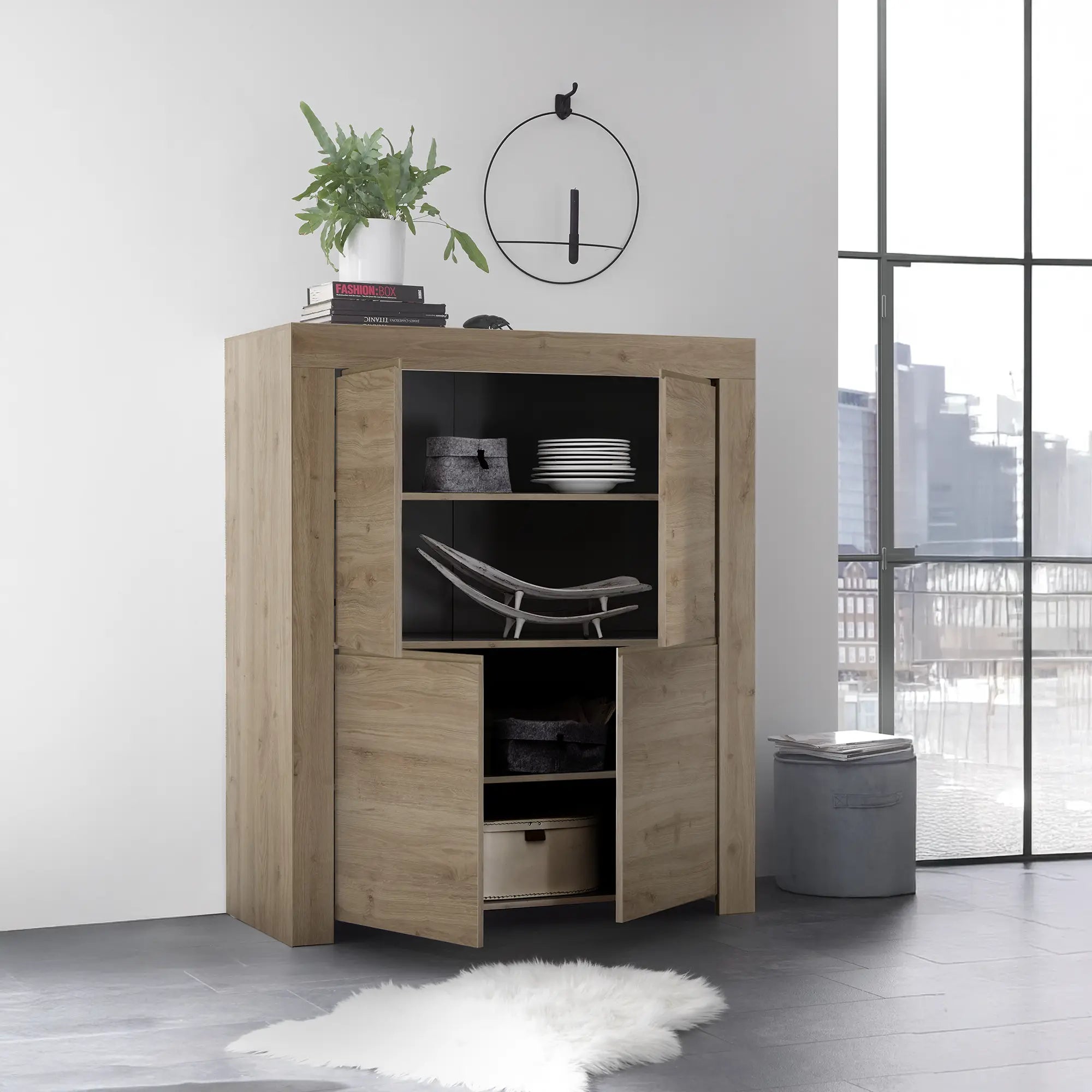 Mobile contenitore moderno con 4 ante aerte e 3 ripiani interni in colore cadiz, mobile contenitore elegante per soggiorno