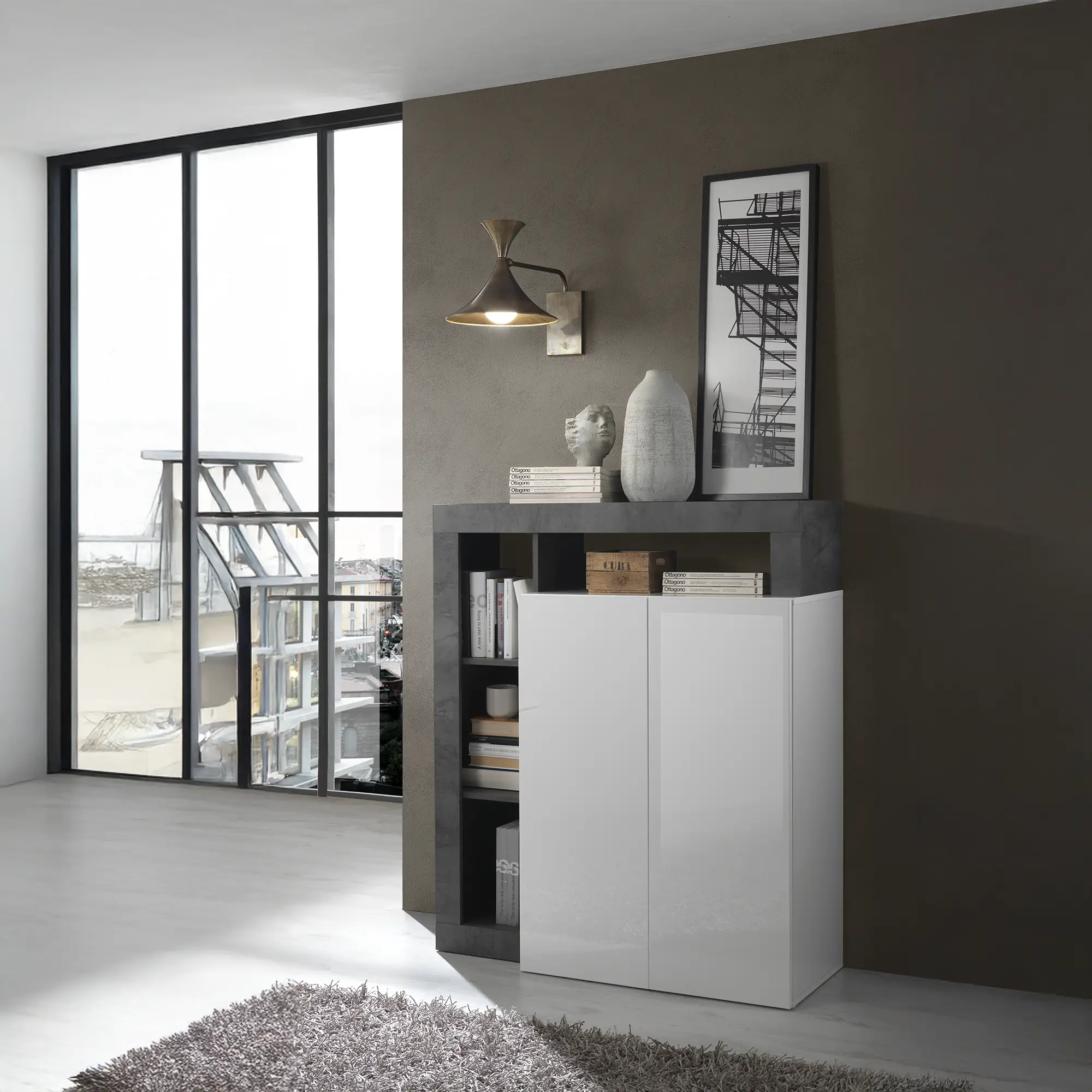 Colonna contenitore moderna due ante chiuse e 4 vani a giorno senza schienale in colore bianco ossido, mobile contenitore elegante per soggiorno