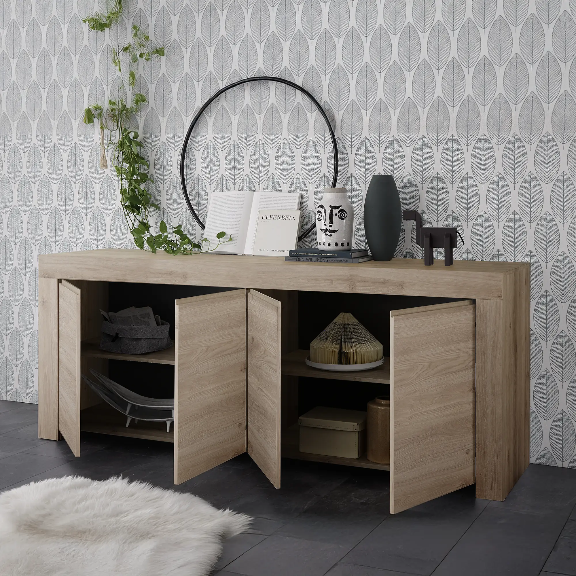 Mobile contenitore moderno con 4 ante e 2 ripiani interni in colore cadiz, mobile contenitore elegante per soggiorno