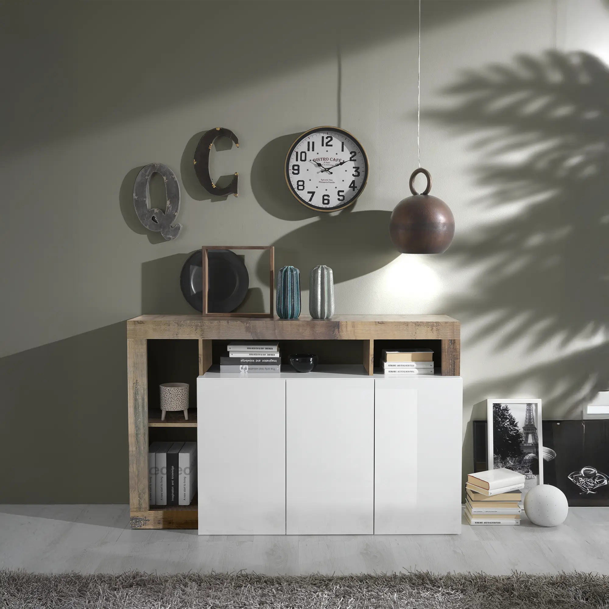 madia moderna con 3 ante 2 ripiani interni e 4 vani a giorno senza schienale in finiture bicolore di bianco laccato-pero