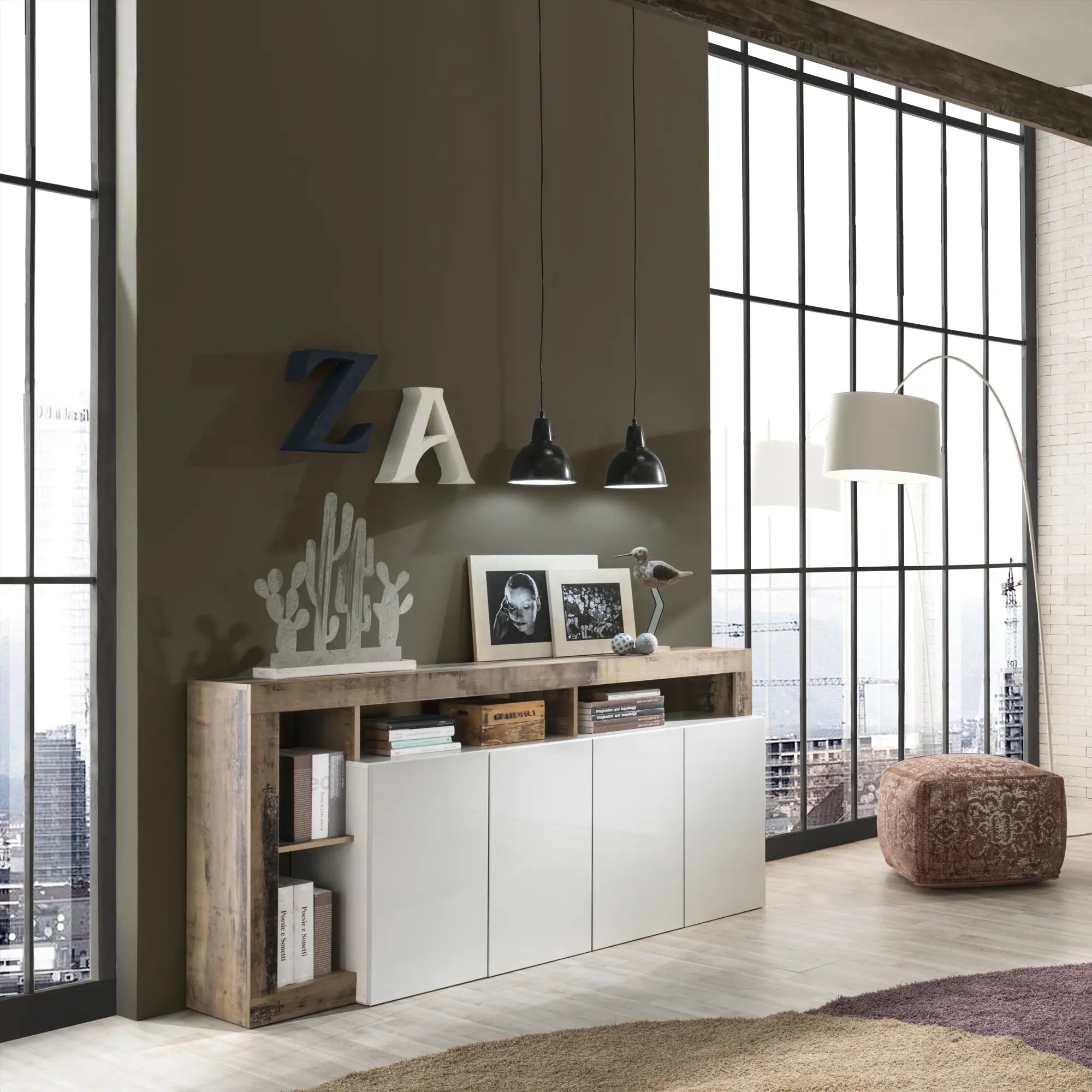 Credenza moderna 4 ante chiuse bianco e pero, mobile contenitore elegante per soggiorno