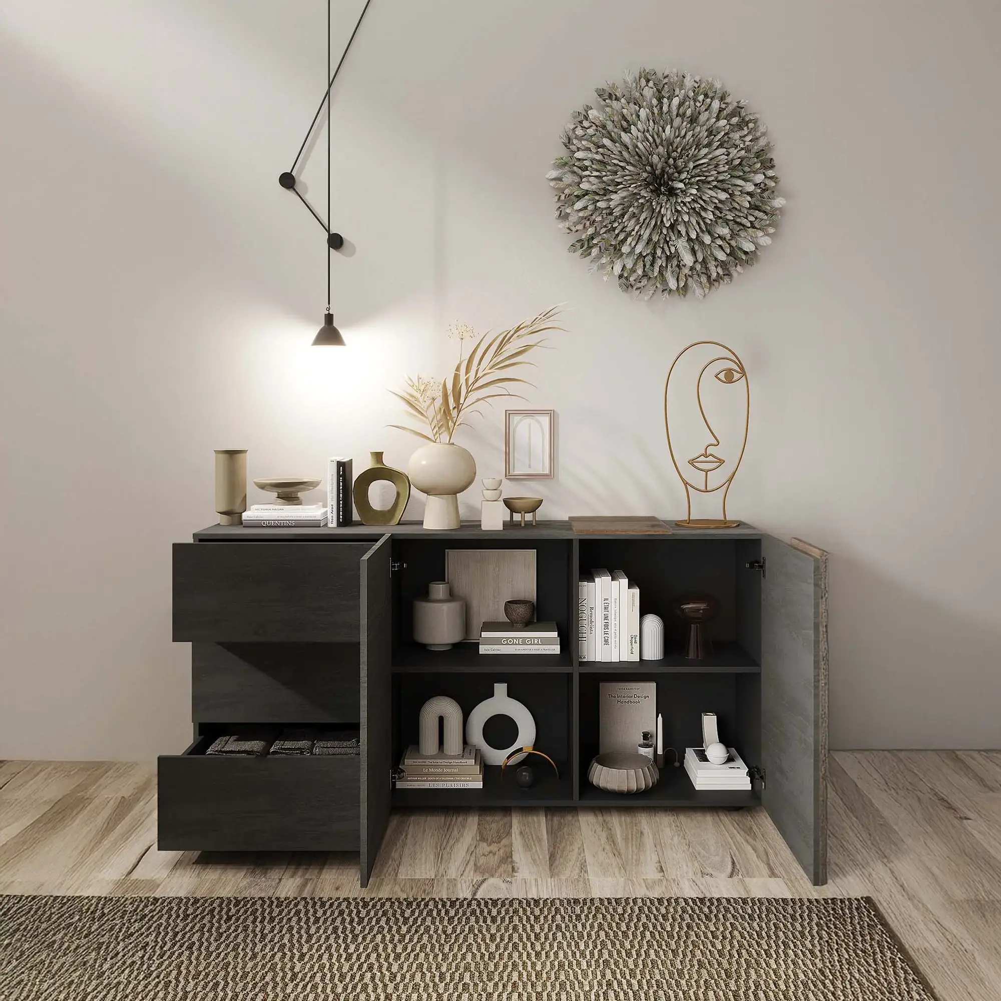 Madia moderna con 2 ante e 3 cassetti in finitura titanio e mercure, 2 ante con un ripiano interno e tramezzo verticale, mobile contenitore moderno per soggiorni, sale da pranzo o cucina