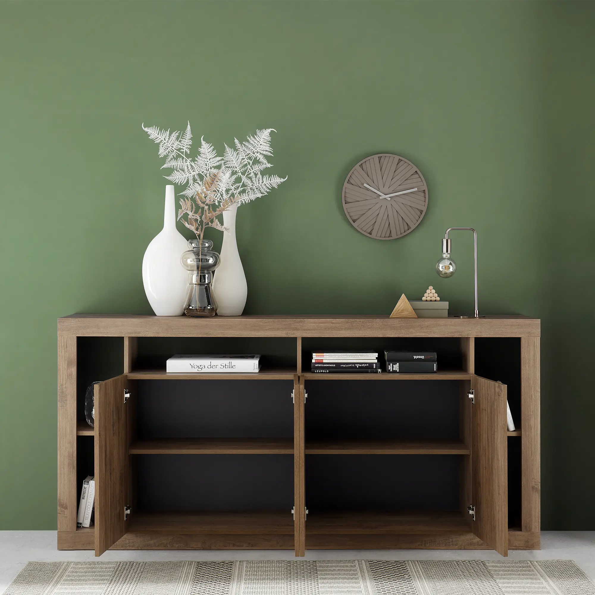 Colonna contenitore in colore mercure 4 ante a battente chiuse con 2 ripiani interni, design salvaspazio con scaffali laterali decorativi, arredo soggiorno elegante