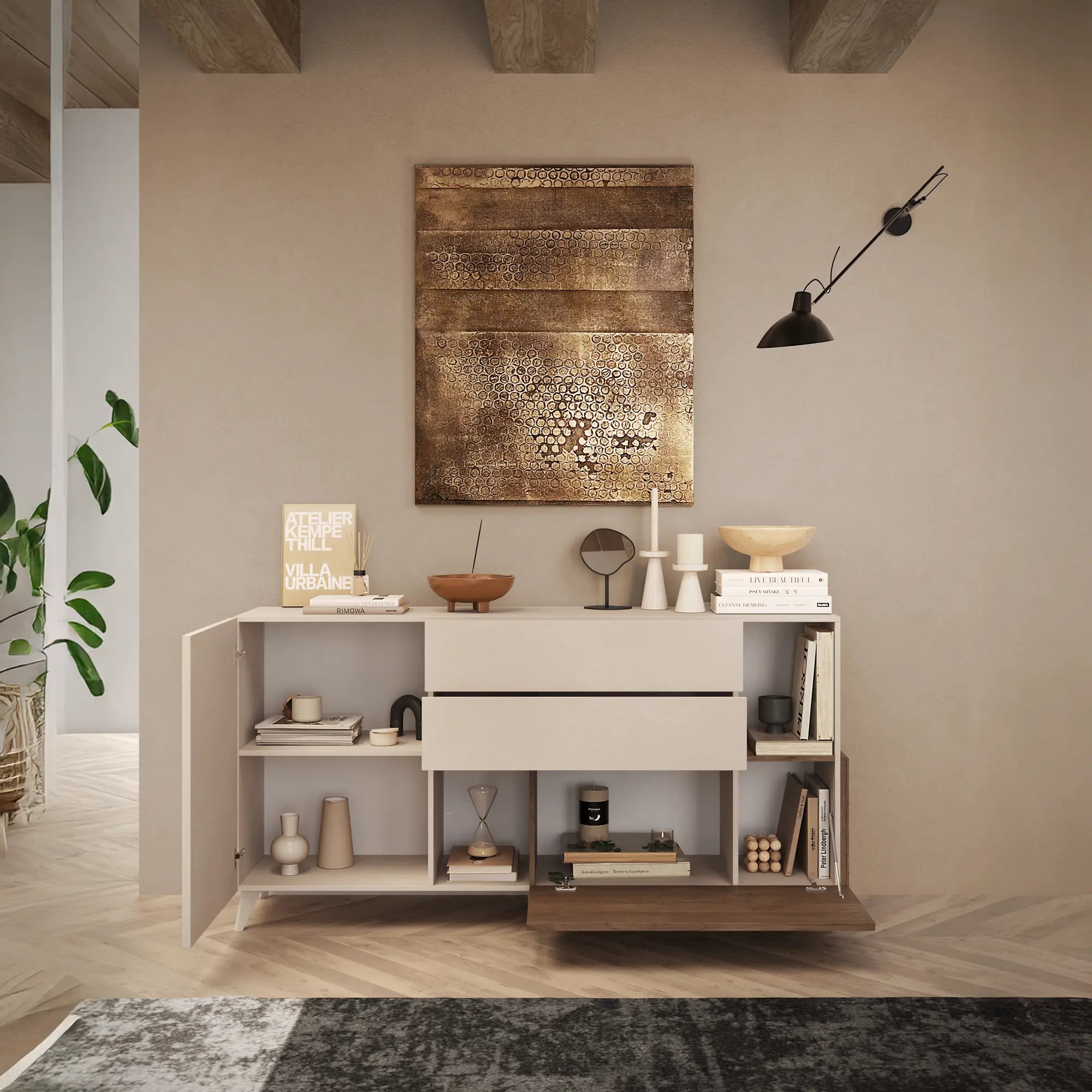 Madia Matrix 2 ante in colori lava, argilla e mercure, con ripiano e tramezzo verticale, elegante mobile contenitore per soggiorno, cucina o sala da pranzo.