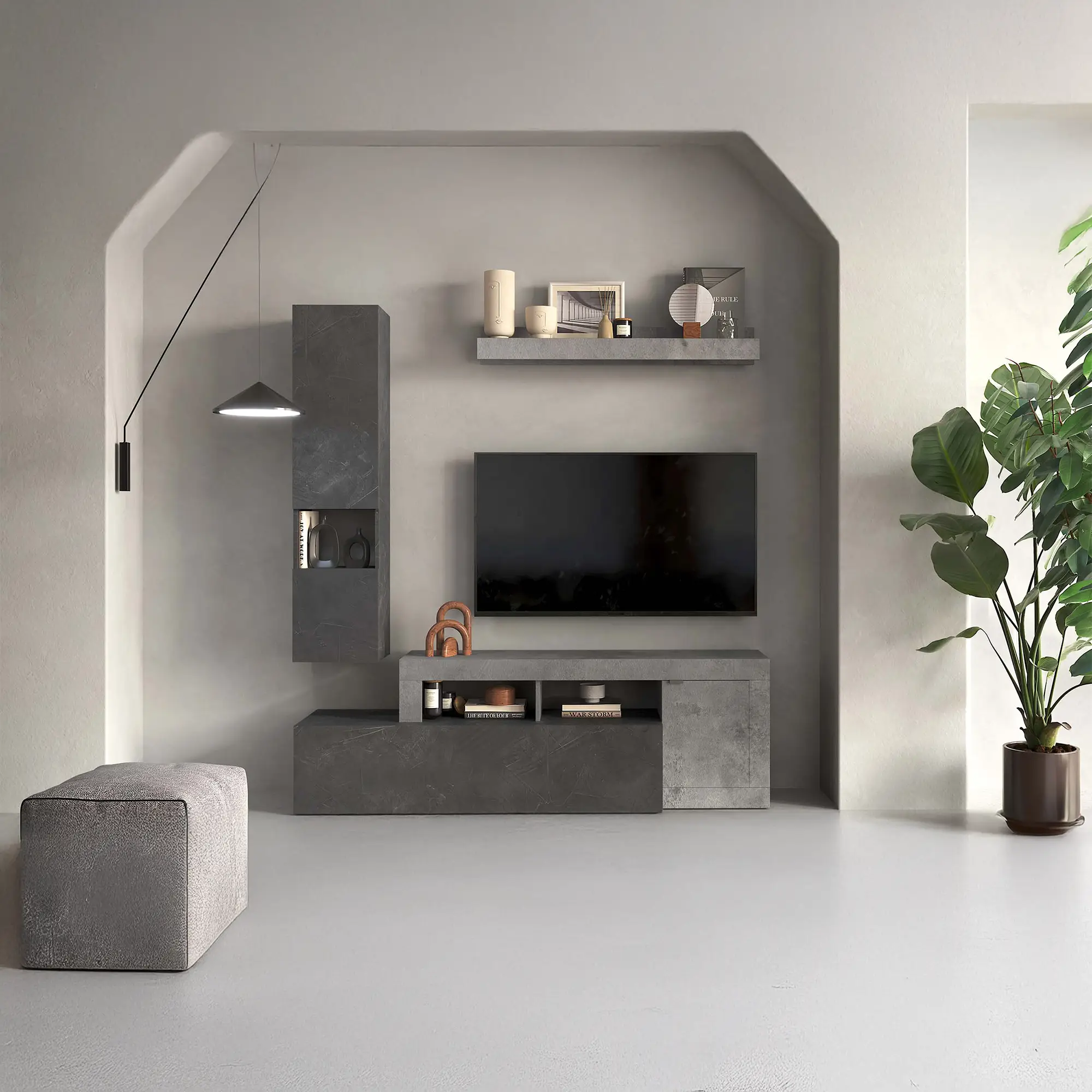 Parete attrezzata soggiorno moderna in finitura cemento grigio con base TV 1 anta e cassetto con vani a giorno, pensile verticale e mensola
