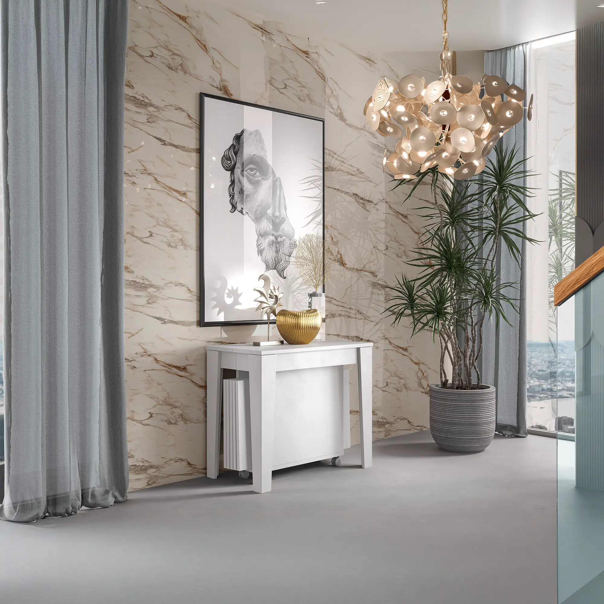 Tavolo consolle allungabile con 5 allunghe integrate, in melaminico resistente, colore bianco finitura spatolata, design moderno e adatto a soggiorno o sala da pranzo.