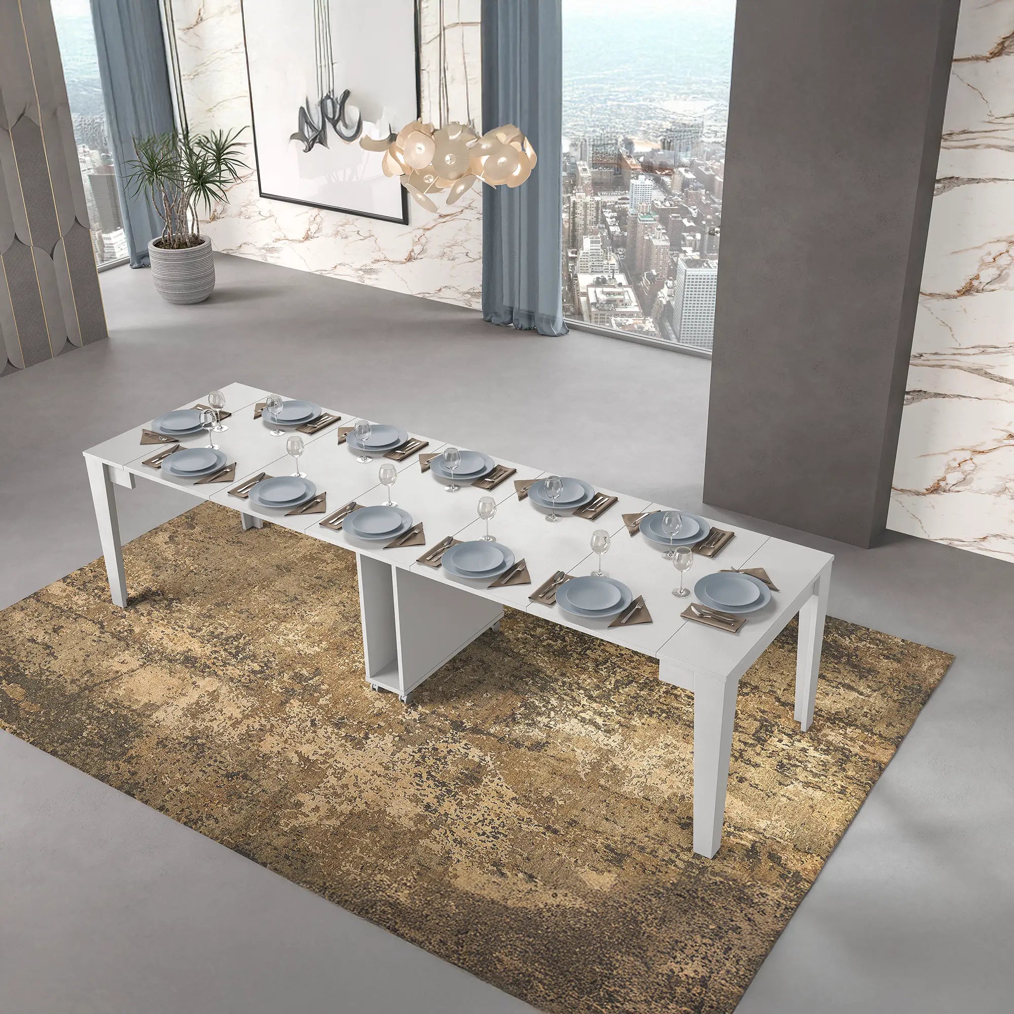 Tavolo consolle allungabile fino a 300 cm, con 5 allunghe integrate, in melaminico resistente, colore bianco finitura spatolata, design moderno e adatto a soggiorno o sala da pranzo, ospita fino a 12 persone.