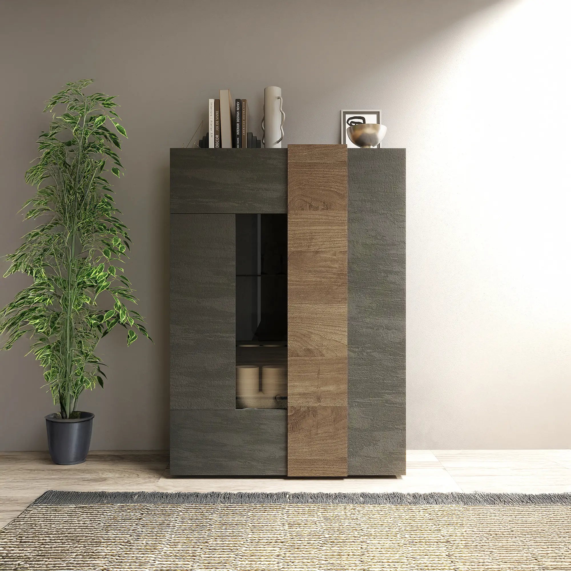 Mobile vetrina 2 ante 8 ripiani con dettaglio Mercure, ideale per arredare con eleganza ogni ambiente