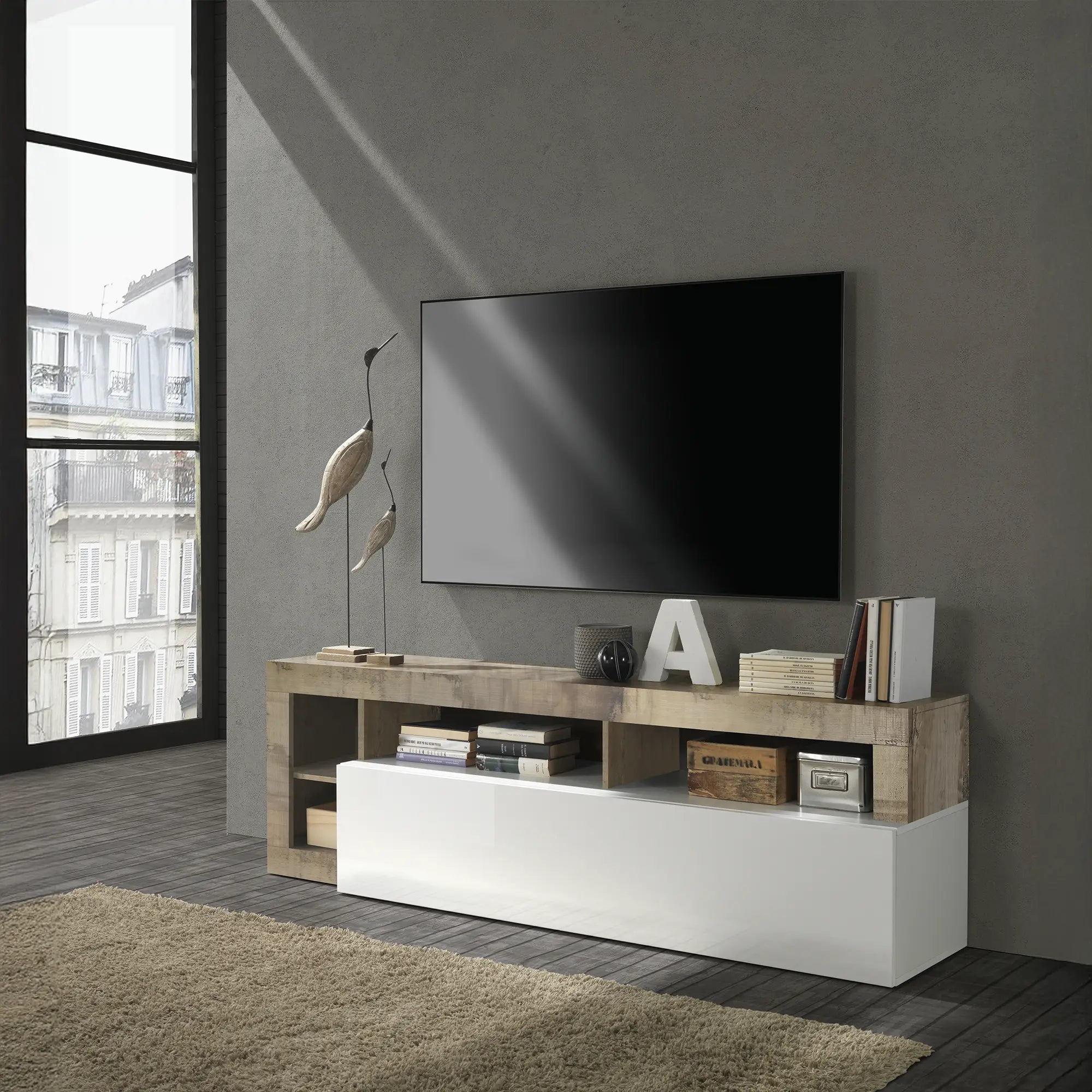 Mobile TV moderna un'anta chiusa e 4 vani a giorno aperti senza schienale in colore bianco e pero, mobile contenitore elegante per soggiorno