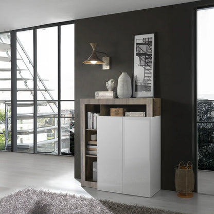 Colonna contenitore moderna due ante chiuse e 4 vani a giorno senza schienale in colore bianco e pero, mobile contenitore elegante per soggiorno