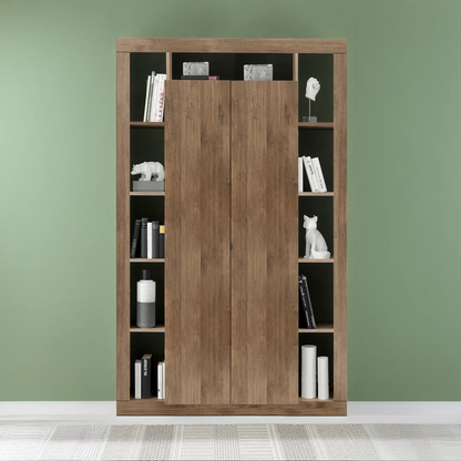 Colonna contenitore in legno mercure con ante a battente chiuse e ripiani interni, design salvaspazio con scaffali laterali decorativi, arredo soggiorno elegante