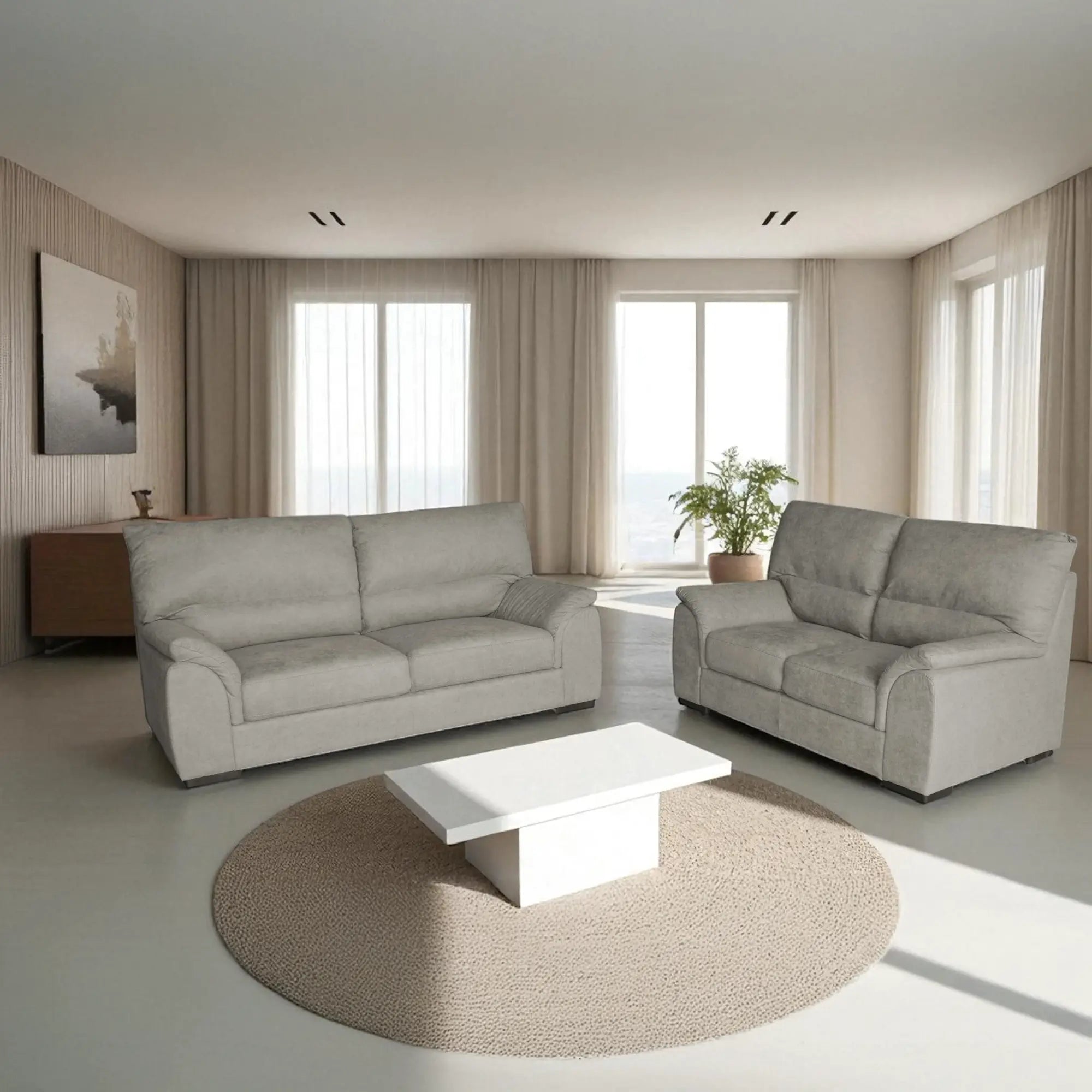 Set divano salotto 3+2 posti in tessuto tortora, con sedute ampie e confortevoli,  ideale per soggiorni eleganti e funzionali