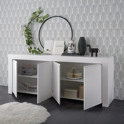 Mobile contenitore moderno con 4 ante aperte e 2 ripiani interni in colore bianco, mobile contenitore elegante per soggiorno