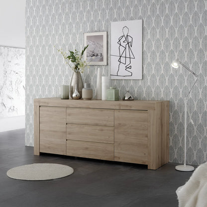 Mobile contenitore moderno 2 ante laterali con ripiano interno e 3 cassetti centrali in colore cadiz, mobile contenitore elegante per soggiorno