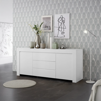 Mobile moderno 2 ante laterali con ripiano interno e 3 cassetti centrali in colore bianco moderno, mobile contenitore elegante per soggiorno