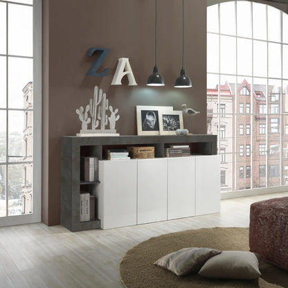 Credenza moderna 4 ante chiuse e 4 vani a giorno aperti in bianco e ossido, mobile contenitore elegante per soggiorno