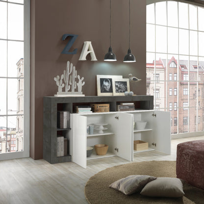 Credenza moderna 4 ante aperte e 4 vani a giorno aperti in bianco e ossido, mobile contenitore elegante per soggiorno
