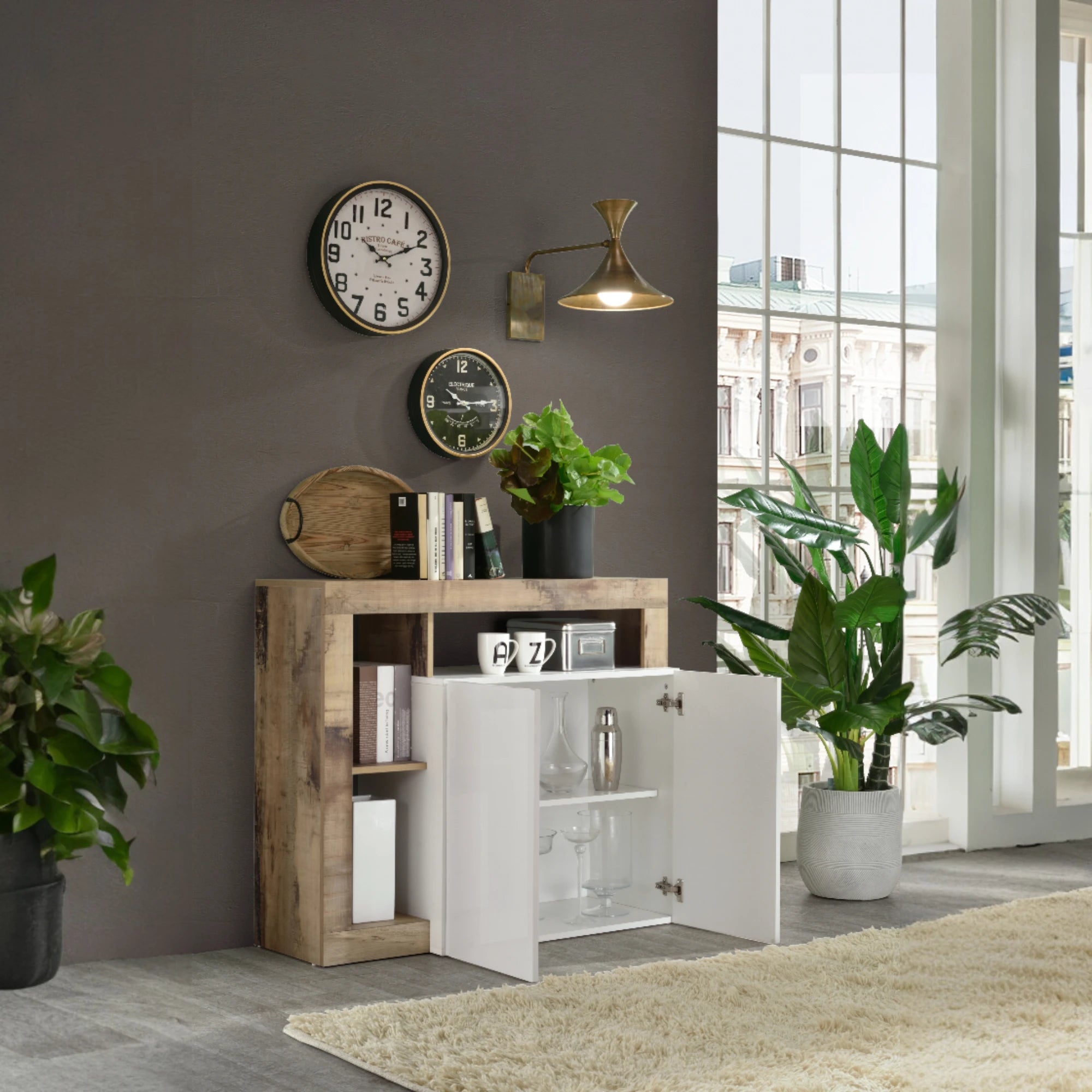 Credenza moderna 2 ante aperte con un ripiano interno e 4 vani a giorno in bianco pero, mobile contenitore elegante per soggiorno