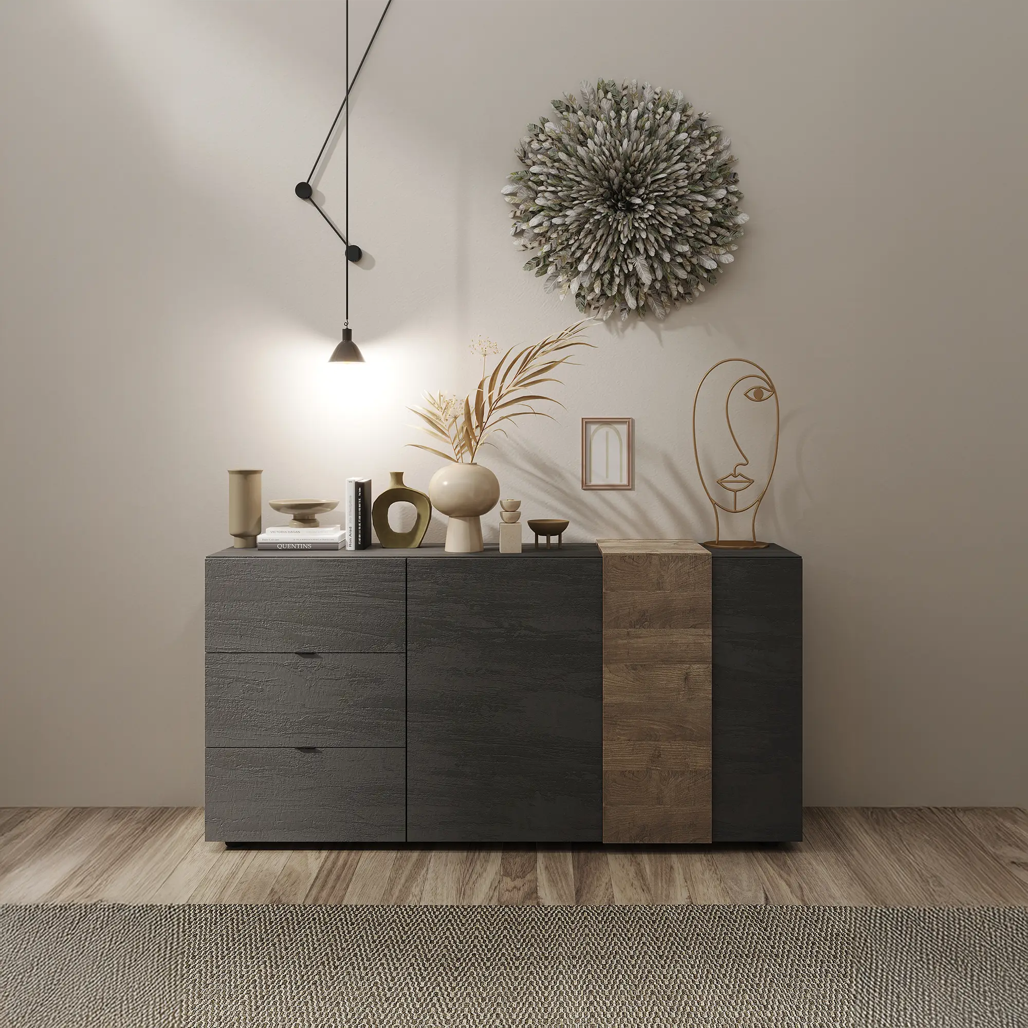 Madia moderna con 2 ante e 3 cassetti  in finitura titanio e mercure, mobile contenitore per soggiorno dal design minimal ed elegante