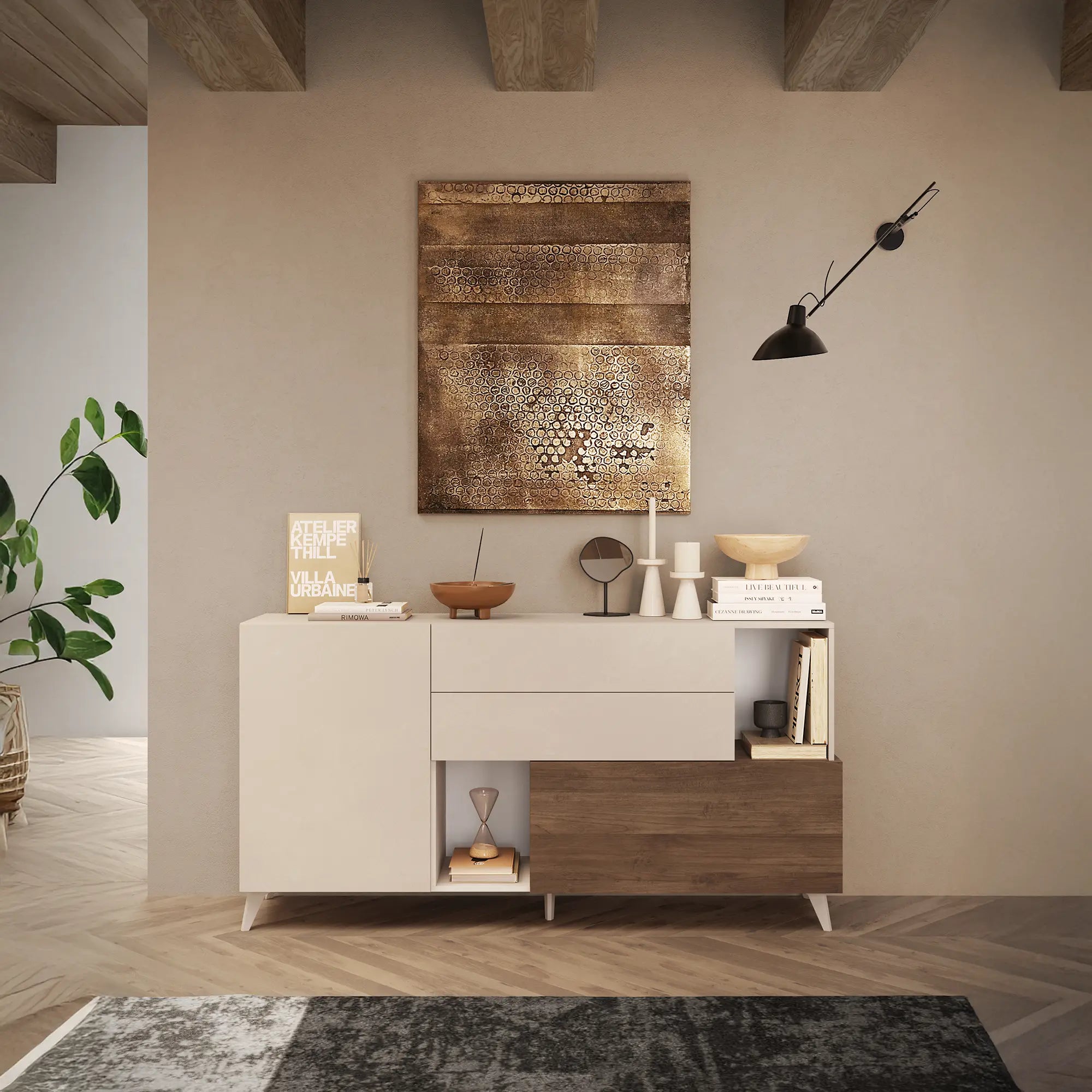 Madia moderna in colori Cashmere e Mercure. 2 ante, 2 cassetti e vano a giorno. Design moderno minimal per soggiorno o cucina