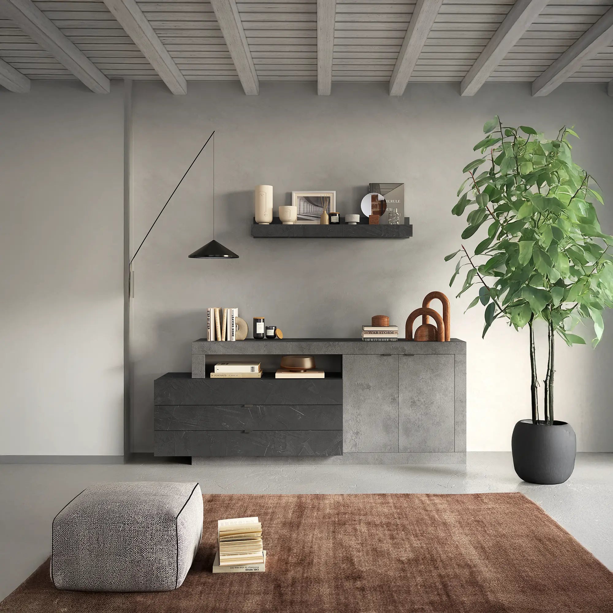 Madia moderna Fox con 2 ante, 3 cassetti e vano a giorno. Mobile contenitore in melaminico resistente, ideale per soggiorno, sala da pranzo o ingresso.
